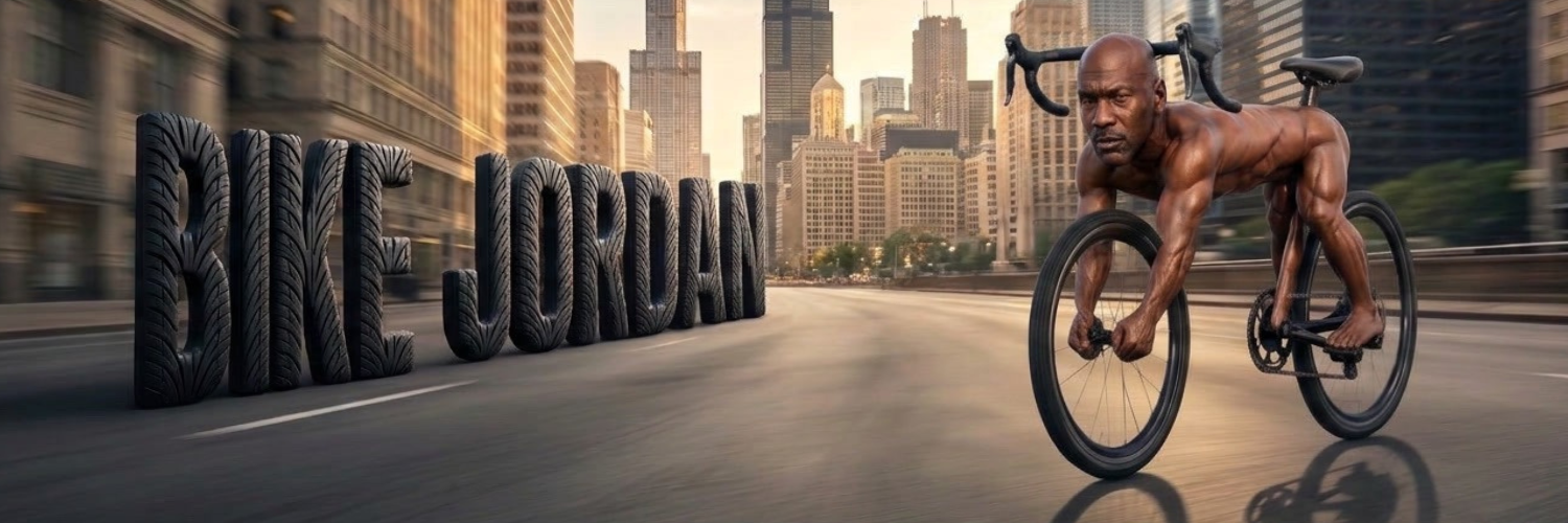 Bike Jordan racing through downtown Chicago beside giant tire-tread BIKE JORDAN lettering