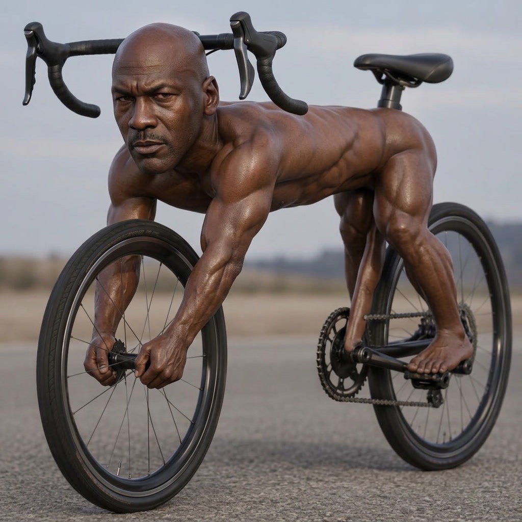 Bike Jordan, a bicycle-human hybrid athlete, posed on open asphalt